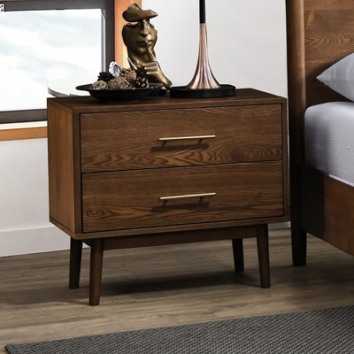 Walnut Solid Wood Bedside Table With 2 Drawers, Round Tapered Legs, Nickel Bar Pulls And Mid - Century Modern Shadow Legs Drawers Nightstand Easy Asse