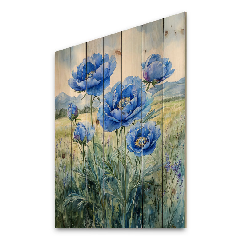 Ocean Blue Peonies In The Field I - Peonies Wood Wall Decor - On Natural Pine Wood, 44" H x 34" W x 0.78" D