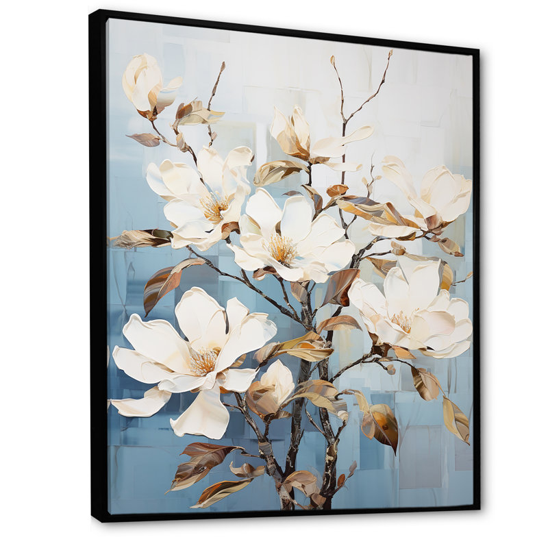 Harmonie de fleurs bleues et blanches Magnolias VI, H 32 po x l 24 po x P 1 po, Cadre flottant noir