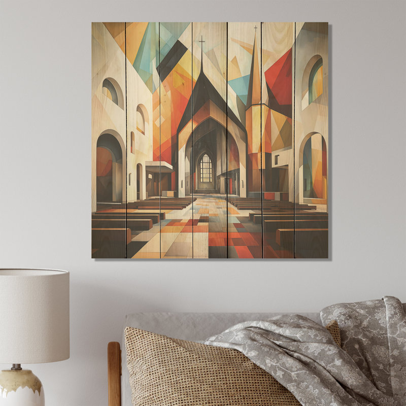 Cubic Multicolor Church I - Church On Wood Print, H 15 po x l 15 po
