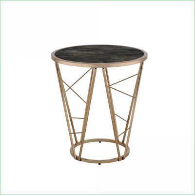 Table basse ronde Modern Luxury - plateau en verre imitation marbre noir, structure en métal champagne - Assemblage facile