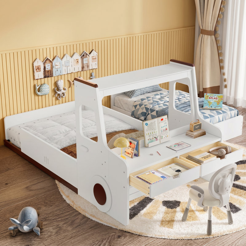 Lit simple en bois avec tiroirs de rangement et bureau intégré Bonwell l 40 po x P 88,5 po x H 43,3 po, Lit simple, White