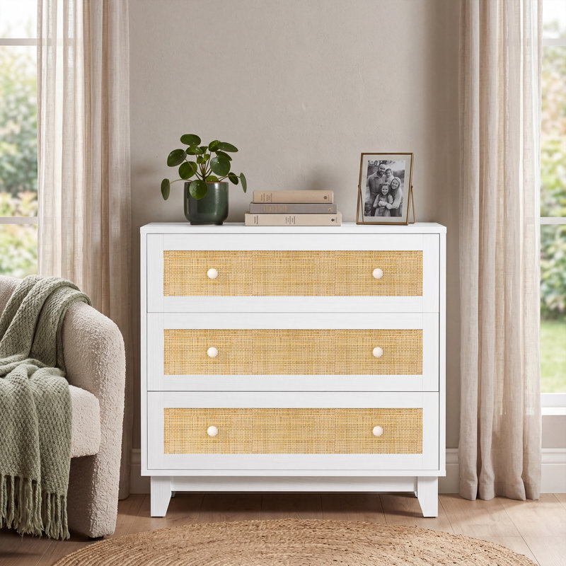 Ashari Rattan 3 Drawer Dresser, Chest of Dressers,Boho Wood Modern Dresser Drawer Chest with Wood Handles, White