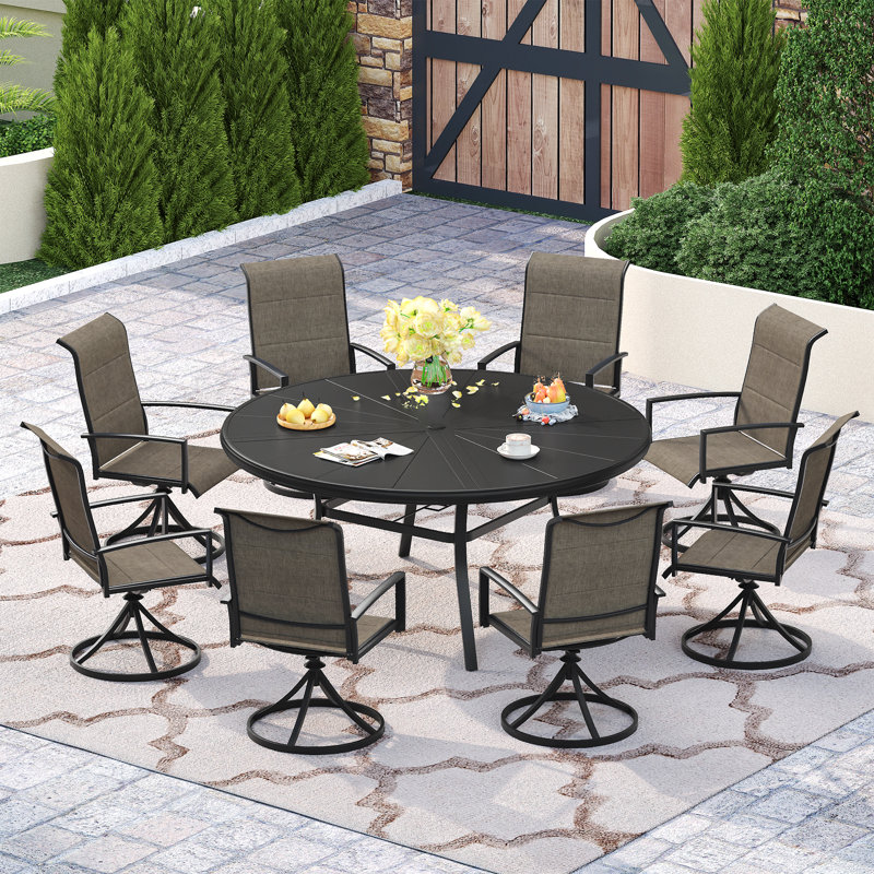 60" Aluminum Patio Dining Set with Round Dining Table and 8 Padded PVC-coated polyester Chairs, Brown/Black