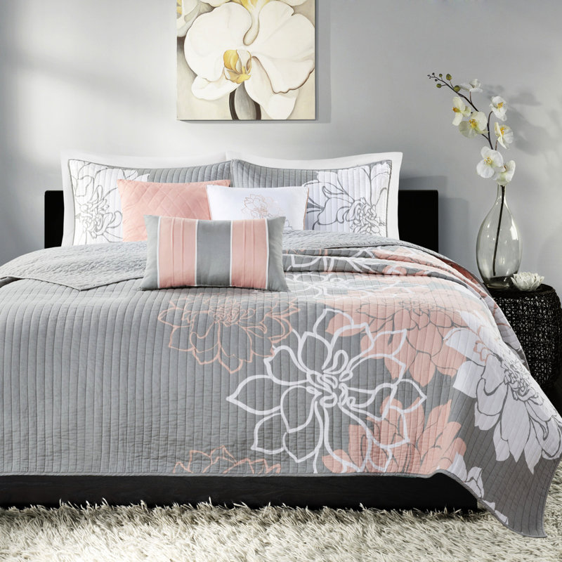 Courtepointe 6 pièces, gris / pêche, double / grand, coton imprimé, chaleur réversible, 3 coussins élégants, literie en coton floral, réversible, facile à nettoyer, coussins décoratifs