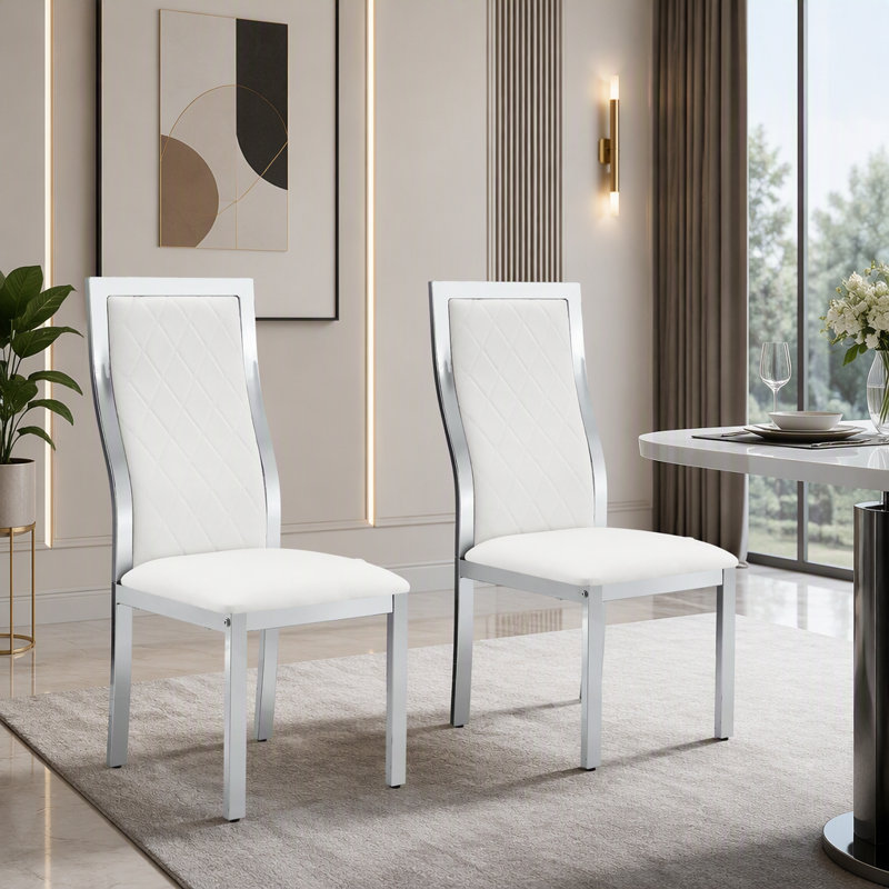 Ensemble de 2 chaises de salle à manger modernes en chrome avec motif à losanges et dossier ergonomique, Silver/White