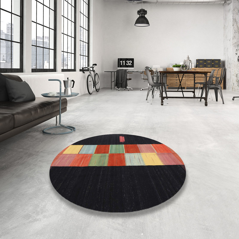 Tapis noir/orange/jaune contemporain, Rond 7 pi