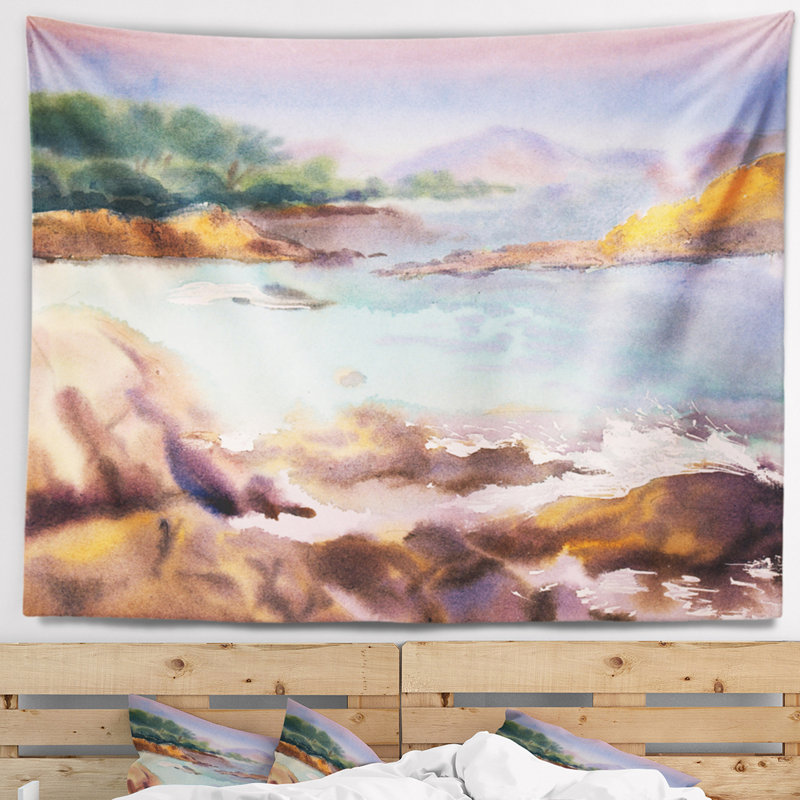 Paysage marin aquarelle tranquille tapisserie des eaux, H 50 po x l 60 po