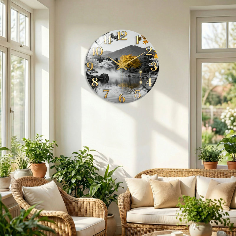 "Mountain Lake", horloge murale en verre, 60 x 60 cm (23,6 x 23,6 pouces)