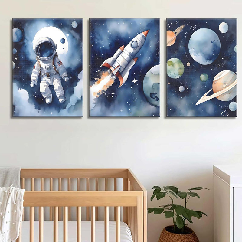 3Pcs Nursery Astronaut Wall Art Kids Space Planets Theme Canvas Painting Rocket Spaceman Wall Decor Explore Dream Galaxy Poster Prints Funny Outer Space Picture for child Bedroom Living Framed