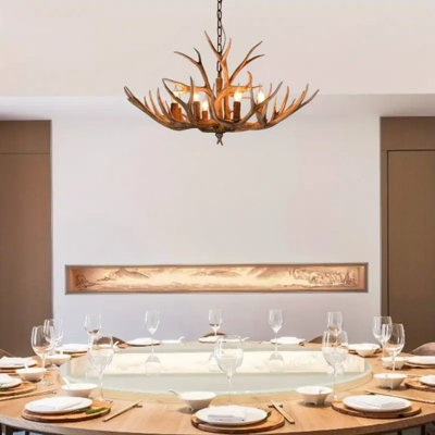 [Elegant Rustic Antler Pendant Light] Elegant Rustic 6-Light Deer Antler Chandelier, Adjustable Height - Vintage Iron & Resin Pendant Light With Lifelike Antlers For Dining & Living Room Decor, Easy To Install