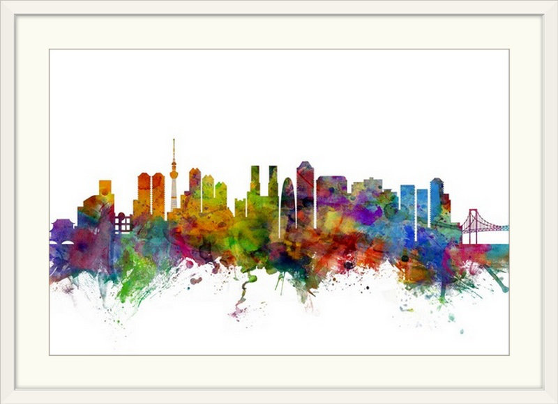 «Tokyo Japon Skyline» par Michael Tompsett, impression, Cadre blanc, H 20 po x l 26 po x P 1 po
