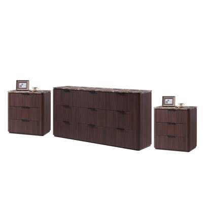 3-Piece Fluted Bedroom Set,9-Drawer Dresser And 2 Nightstands, 1.97" Thick Panels  Faux Marble Top,Brown Oak