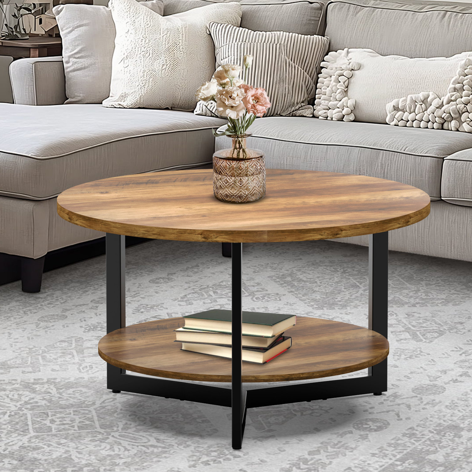 Ebern Designs Caeron Round Coffee Table with 2-Tier Storage & Reviews ...