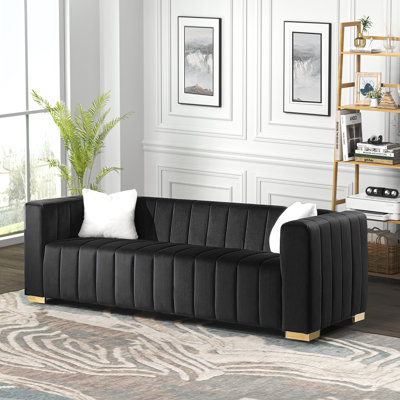 Clifford 87.01'' Luxury Velvet Sofa Upholstered Living Room Couch with 2 Pillows, Black