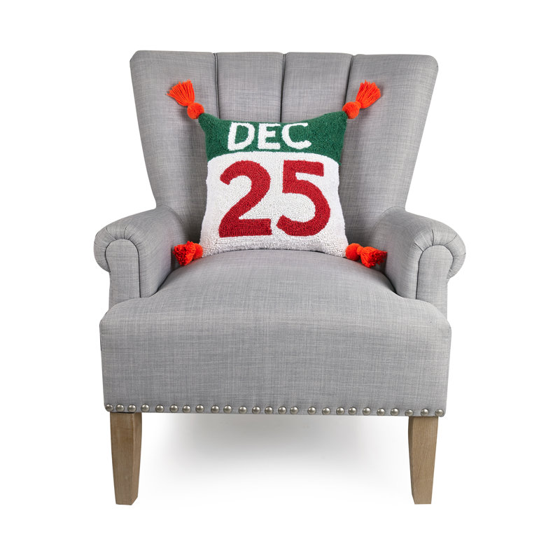 DEC 25 Wool Hook Pillow with Pom Tassels - 14" Square