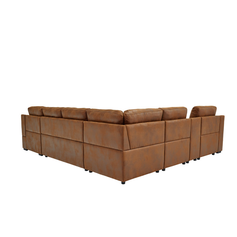 Canapé d'angle en forme de U avec lit gigogne et méridienne, rangement et console, Brown