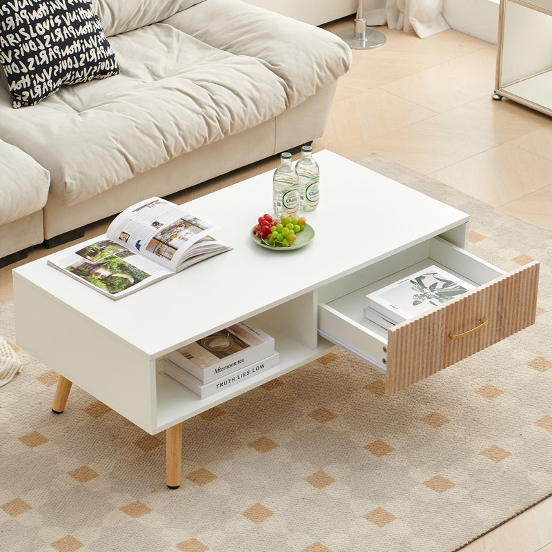 Table basse rectangulaire avec pieds en bois massif, Blanc