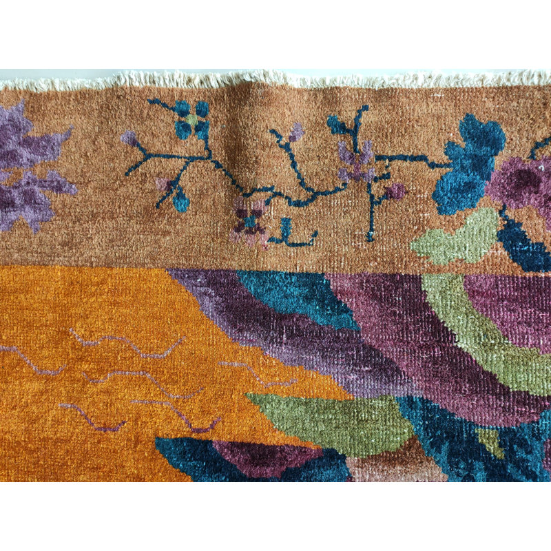 Wool Chinese Art Deco Hand Knotted Pile Antique 1920s Floral Rug