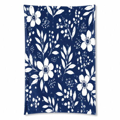 1 serviette de plage à motif floral bleu foncé avec motif blanc et feuilles dans un style aquarelle. Grande microfibre, idéale pour la natation, les voyages, le camping, unisexe.