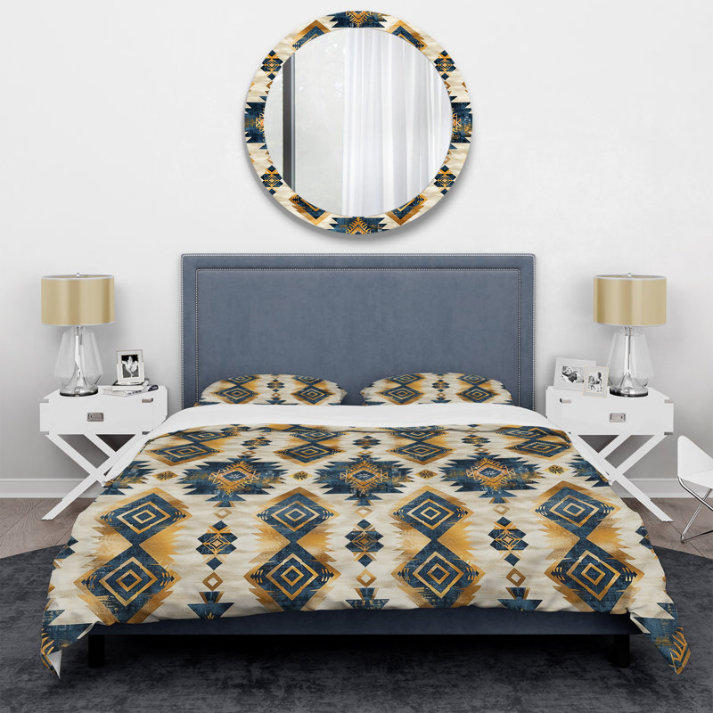 Ensemble de housse de couette géométrique rétro bleu géométrique Navajo II, Housse de couette très grand et 2 très grandes t