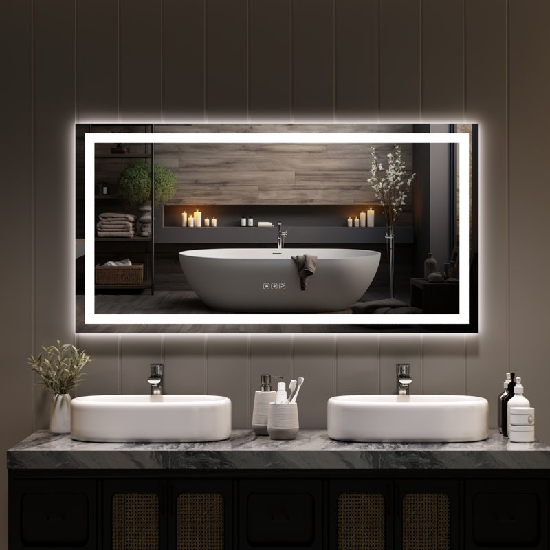 Miroir de salle de bain à DEL 50 po x 26 po - avant et rétroéclairé, à intensité variable, antibuée, mémoire à 3 couleurs, verre incassable, loupe 3X, meuble-lavabo moderne sans cadre - température de couleur continue - bande lumineuse avant