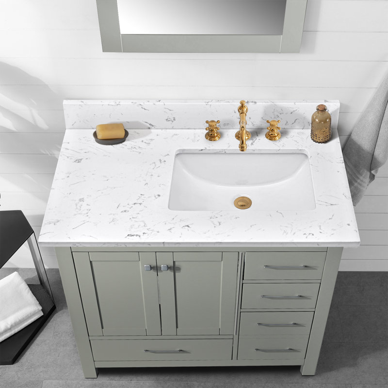 36" Engineered marble Single Bathroom Vanity Top In White With Sink in right