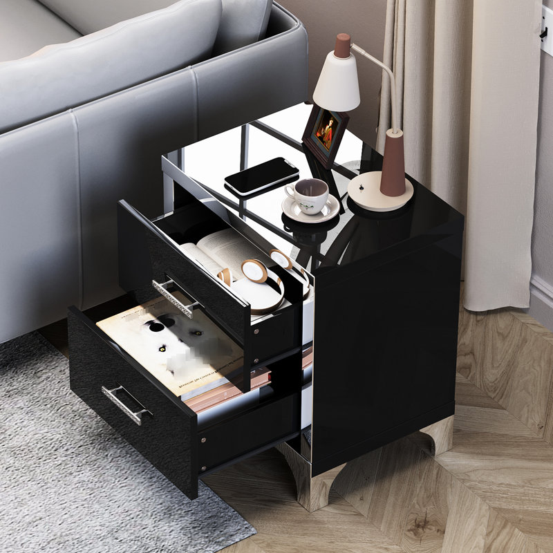 2 Drawers High Gloss Nightstand, Luxury Modern Bedside Table With Metal Legs And Ample Storage Silent Slides