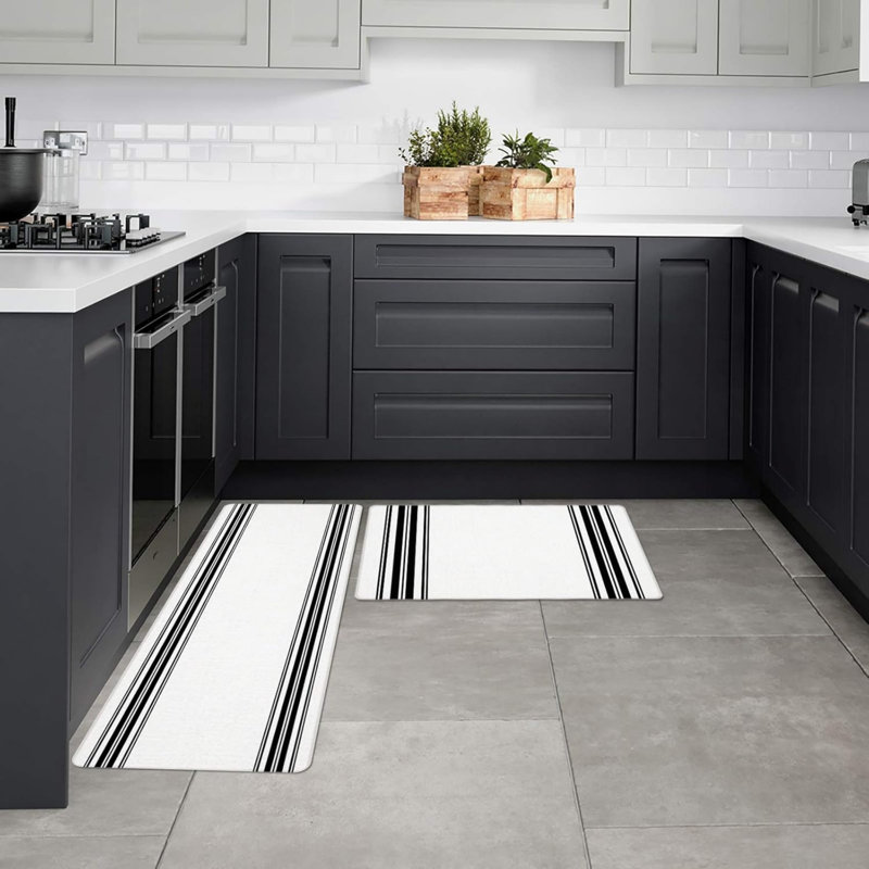Tapis de cuisine 2 pièces à rayures noires et blanches, décoration simple et moderne pour la cuisine et le vestibule, noir et blanc