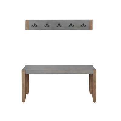 Aston 40" Wide Rustic Industrial Wooden Faux Concrete Wall Mounted Coat Rack With 5 Hooks And Bench