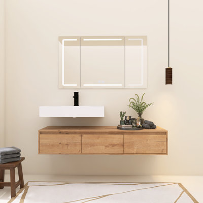 Meuble-lavabo mural simple de 60 po avec lavabo en résine, 3 tiroirs à fermeture en douceur et fixation flottante