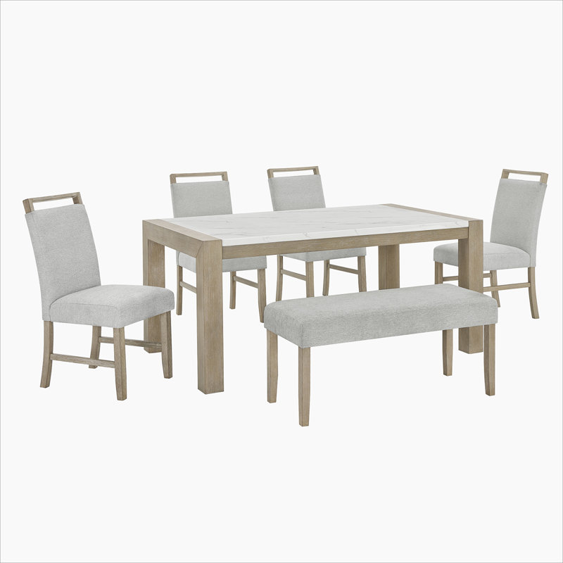 Tabitha 6Pc 66"W Rectangular White Faux Marble Top Dining Set in Light Oak Finish with Bench