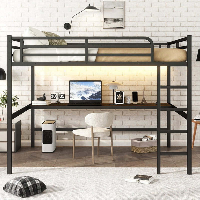 Grand lit mezzanine en métal avec prise de courant et éclairage DEL, peu encombrant, réduit le bruit, noir