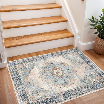 Tapis de couloir lavable - Tapis de cuisine et tapis antidérapant et lavable pour le salon, la chambre et la salle de bain (bleu)