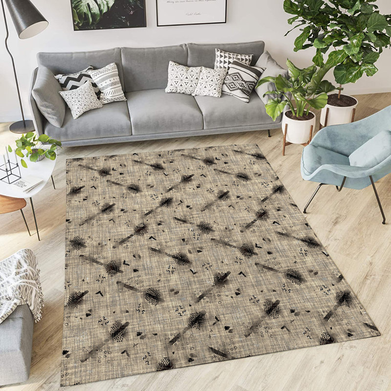 Tapis intérieur / extérieur rectangulaire en polyester tissé à la machine beige et noir, Rectangle 2 pi x 3 pi