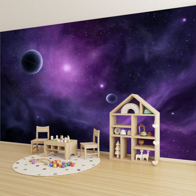 Peel and Stick Wallpaper Watercolor Cosmic Night Glowing Planet Stars Wall Murals 100"H x 144"W Removable PVC Wall Paper Self-Adhesive Wall Decor for Bedroom Living Room Home Office