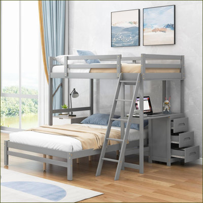 Lit superposé simple au dessus d'un lit double en bois de pin avec bureau intégré et amp; 3 tiroirs - gris, aucun sommier nécessaire