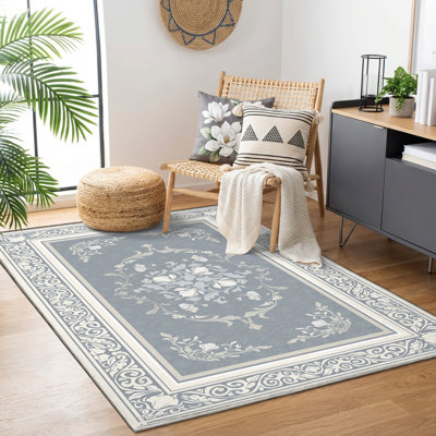 5' X 8' TPE Non-slip Bottom, Imitation Cashmere Floral Pattern Area Rug,Greige
