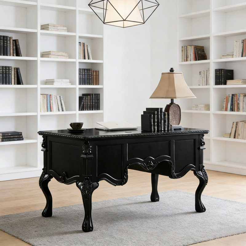 Bureau noir rétro de style français sculpté, H 30,7 po x l 59,0 po x P 29,5 po