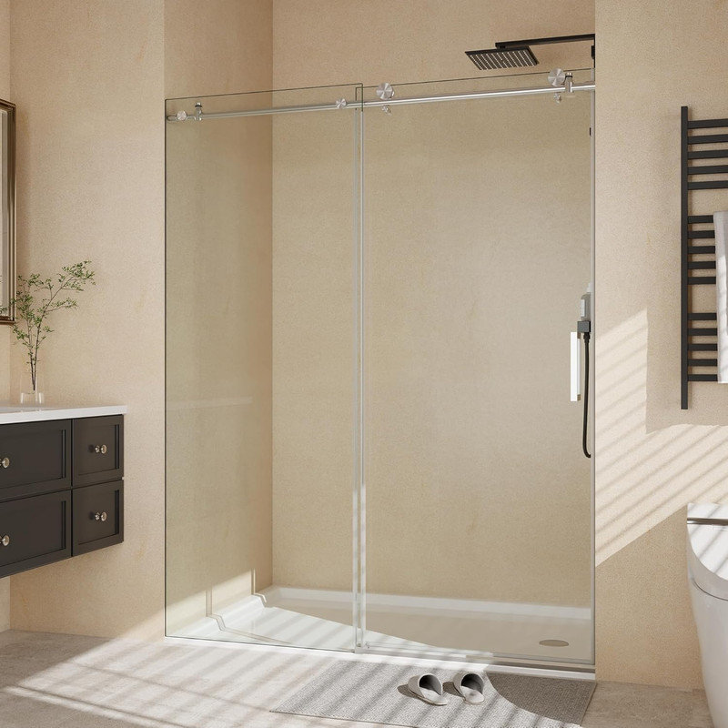 76" Sliding Shower Door 56-60" W, Brushed Stainless Steel Glass Door with Seal Strip & Handle, Satin Nickel