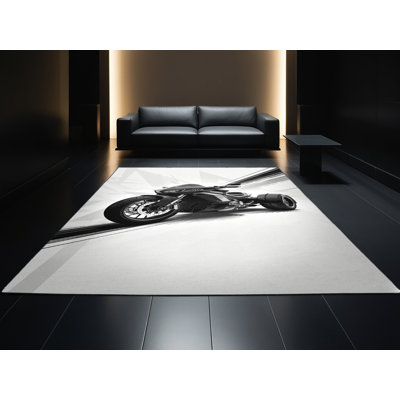 Soft Plush Eddy Trike Motorcycle Modern & Contemporary Geometric Area Rug in Green – Black Binding
