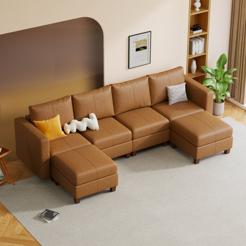  Canapé modulaire modulaire avec repose-pieds avec rangement, canapé modulaire rembourré confortable pour le salon, la chambre à coucher, canapé 4 places en forme de U avec 2 repose-pieds, similicuir brun