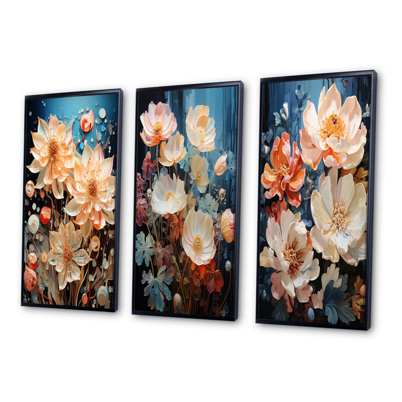 «China Art Graceful Blossoms», ensemble de 3 pièces d'art floral, Cadre noir, H 28 po x l 36 po