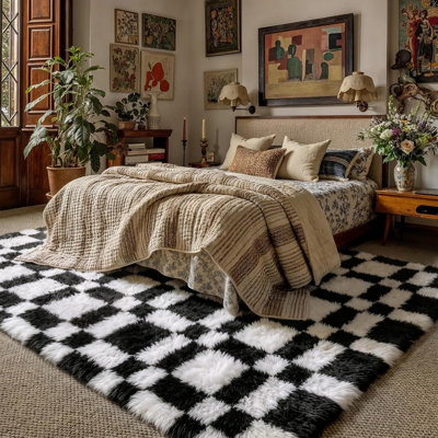 8x10 feet grid, modern plush carpet, super soft and fluffy that can be vacuumed, non slip interior and bedroom home decoration in black and white