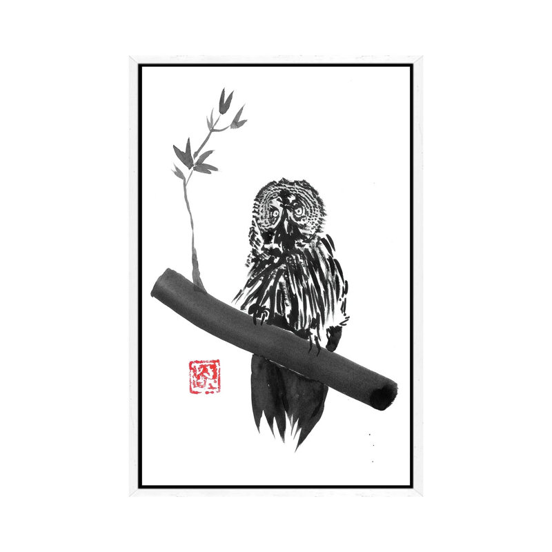 Owl by Péchane - Painting on Canvas, 66.04 cm H x 45.72 cm W, White Framed