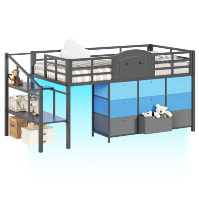 Twin Size Low Loft Bed with 9 Storage Drawers & Stairway Shelves LED Kids Loft Bed with Under-Bed Hideaway Space