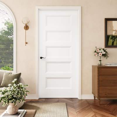 36" X 80" 5-Panel Hollow Core Interior Prehung Door With Black Hinges, White Finished & Paintable, Durable & Waterproof, Suit For Laundry, Closet Doors, Room Doors, Right Hand