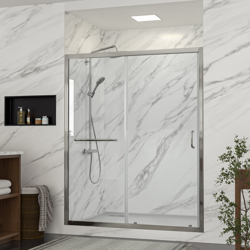 60" W x 72" H Framed Single Sliding Shower Door Bathroom Tempered Glass Shower Door with Handle and Towel Bar