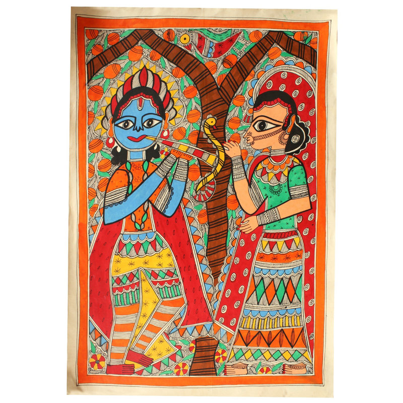 Radha Krishna debout | Peinture Madhubani | Couleurs naturelles sur papier fait à la main
