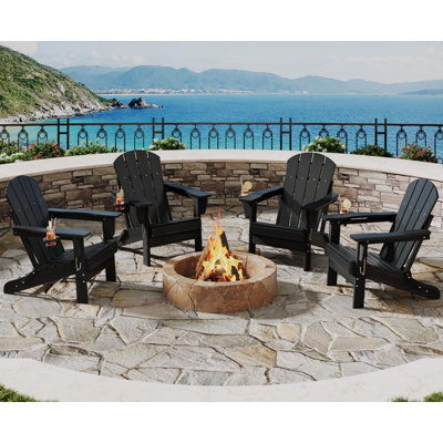 Set of 4 Folding Adirondack Chairs, HDPE Wood-Grain Patio Chairs with Cup Holders, All-Weather Resistant, Grey for Deck, Garden, Fire Pit